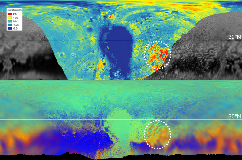 Maps showing the topography (top) and composition (bottom) of Pluto’s surface. In the top map, the highlighted red region is high in elevation, while the map below shows the composition, where methane is color-coded in orange. The orange features spread into the fuzzier, lower-resolution data that covers the rest of the globe, hinting that those areas are also high in methane, and therefore likely to be high in elevation. (Image: NASA/JHUAPL/SwRI/LPI)